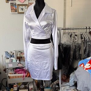 Chic White Satin Pencil Skirt Set